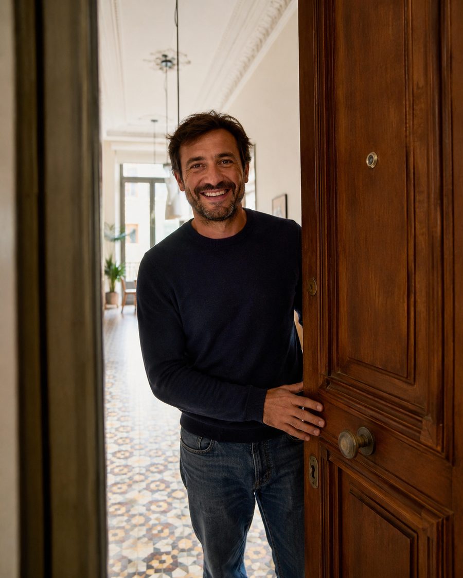 Propietario abriendo la puerta de su casa en Barcelona